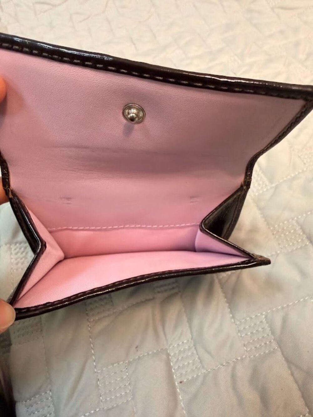 Coach Signature Brown Jacquard Compact Wallet Pink Interior - Picture 5 of 6